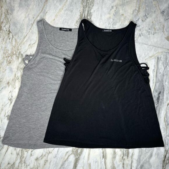 BEBE Bundle of 2 Strappy Side Workout Athleisure Tank Tops Grey Black Size Small - Picture 1 of 7